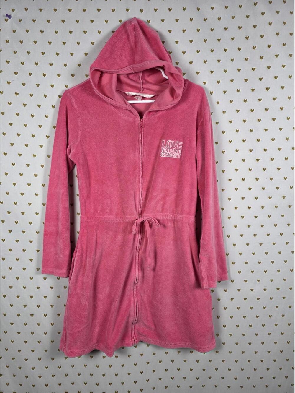 Victorias Secret PINK VINTAGE Y2k LOVE Terry Cloth ROBE Full ZIp DRESS Hooded SM